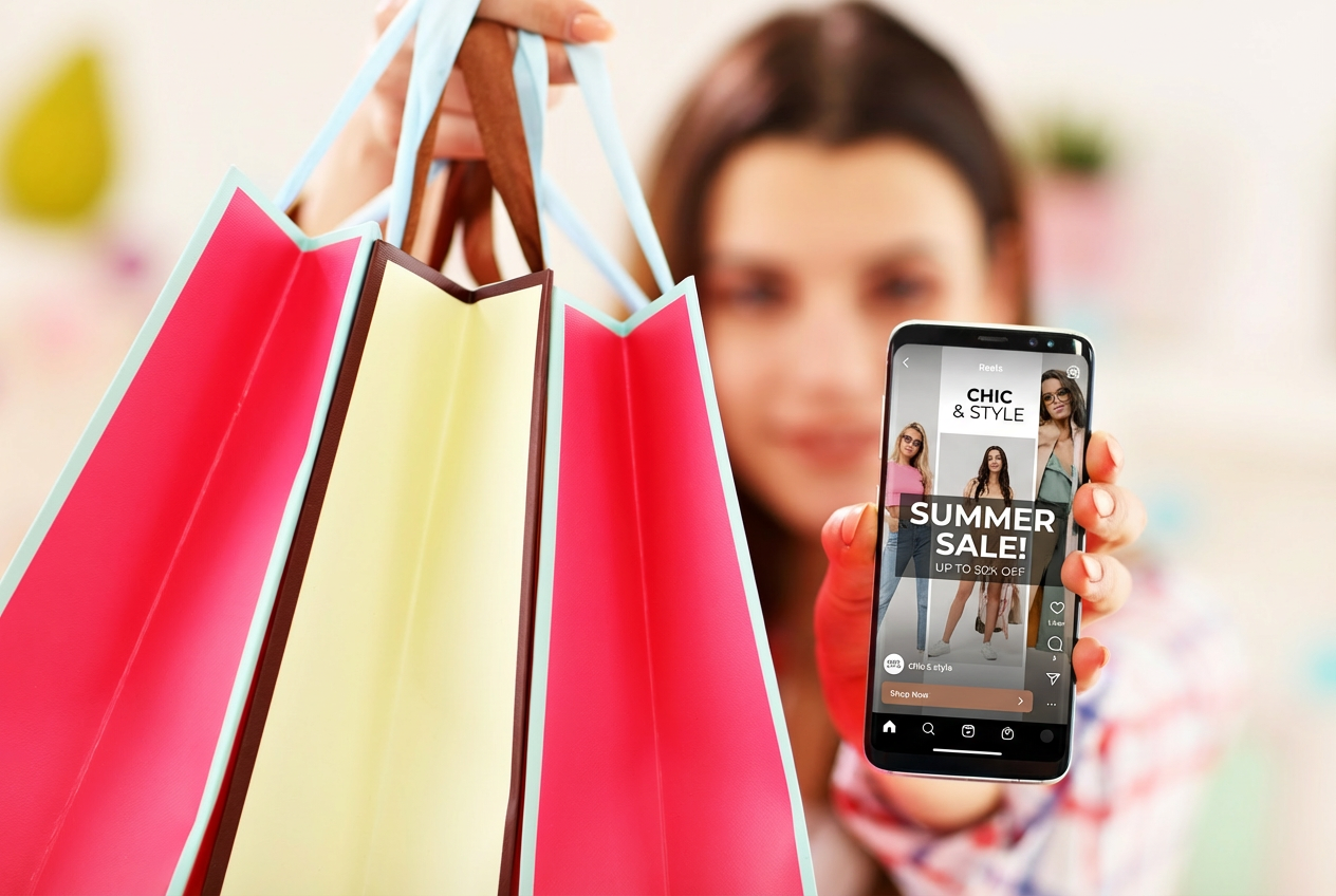 Woman holding shopping bags and showing a smartphone screen with a summer sale ad — online fashion shopping concept