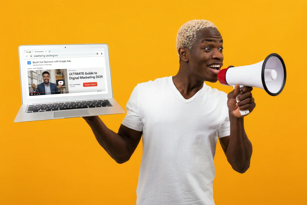 Digital marketer promoting Google Ads 2025 campaign while holding a laptop and megaphone representing AI-powered advertising and Performance Max strategy